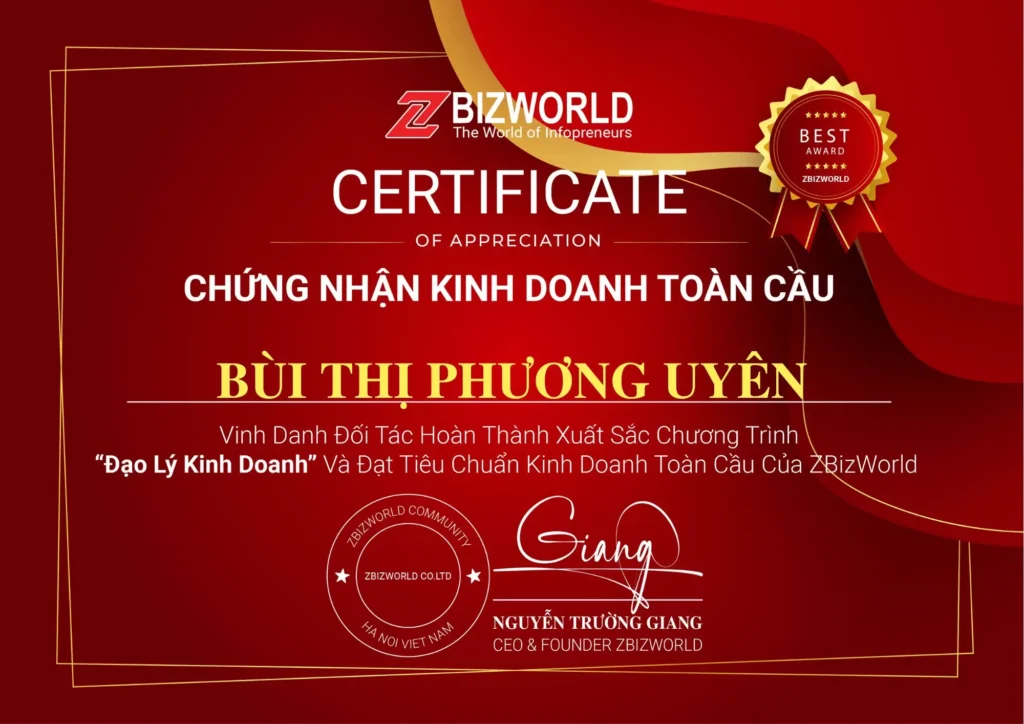 Chứng nhận hoàn thành Đạo Lý Kinh Doanh của Bùi Thị Phương Uyên