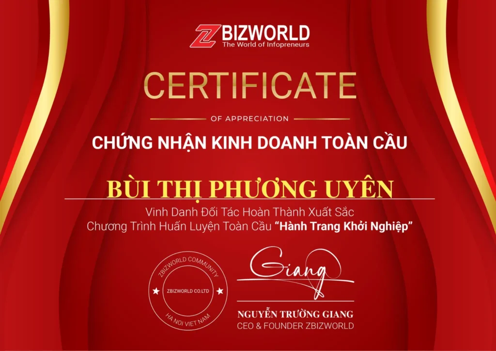 Chứng nhận hoàn thành Hành Trang Khởi Nghiệp của Bùi Thị Phương Uyên
